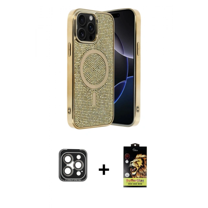 MARSİLYAN™- iPhone 15 Pro Max Kılıf Eksen Çizgi - Siyah Buffer Cam Ekran Koruyucu + PVD Metal Kamera Lens - GI
