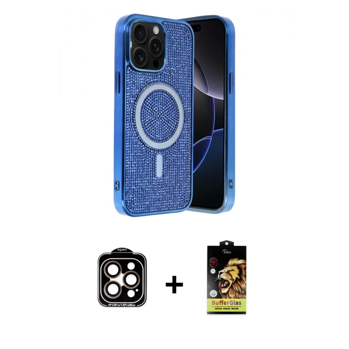 MARSİLYAN™- iPhone 15 Pro Max Kılıf Eksen Çizgi - Siyah Buffer Cam Ekran Koruyucu + PVD Metal Kamera Lens - TU