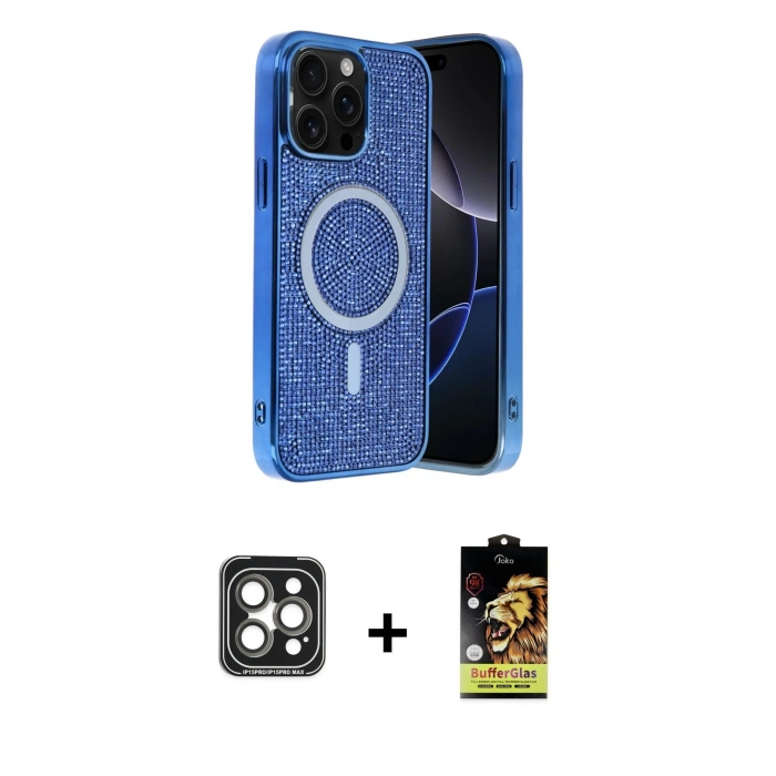 MARSİLYAN™- iPhone 15 Pro Max Kılıf Eksen Çizgi - Siyah Buffer Cam Ekran Koruyucu + PVD Metal Kamera Lens - GI