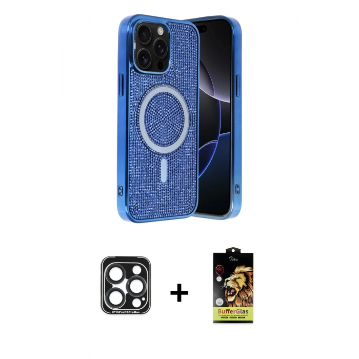 MARSİLYAN™- iPhone 15 Pro Max Kılıf Eksen Çizgi - Siyah Buffer Cam Ekran Koruyucu + PVD Metal Kamera Lens - LT