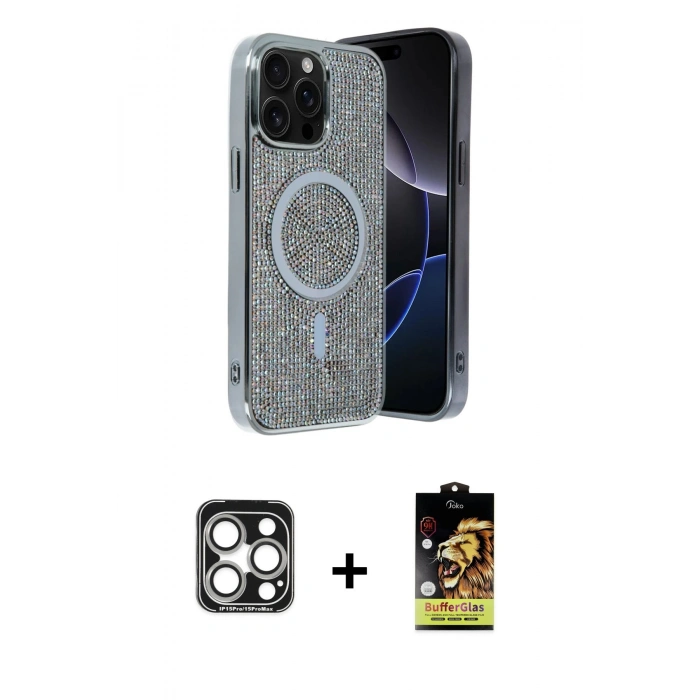 MARSİLYAN™- iPhone 15 Pro Max Kılıf Eksen Çizgi - Siyah Buffer Cam Ekran Koruyucu + PVD Metal Kamera Lens - GS