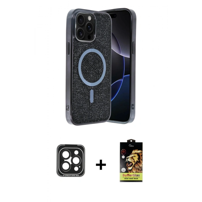 MARSİLYAN™- iPhone 15 Pro Max Kılıf Eksen Çizgi - Siyah Buffer Cam Ekran Koruyucu + PVD Metal Kamera Lens - SH