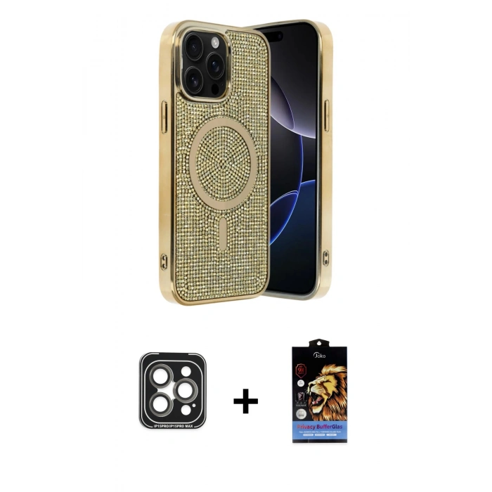 MARSİLYAN™- iPhone 15 Pro Max Kılıf Eksen Çizgi - Siyah Buffer Hayalet Cam Ekran Koruyucu + Gri PVD Metal Kamera Lens