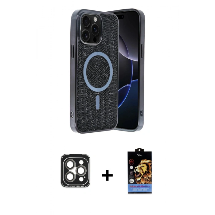 MARSİLYAN™- iPhone 15 Pro Max Kılıf Eksen Çizgi - Siyah Buffer Hayalet Cam Ekran Koruyucu + Gri PVD Metal Kamera Lens