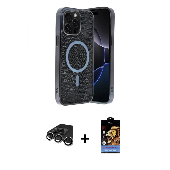 MARSİLYAN™- iPhone 15 Pro Max Kılıf Eksen Çizgi - Siyah Buffer Hayalet Cam Ekran Koruyucu + Gümüş Raze Metal Kamera Lens