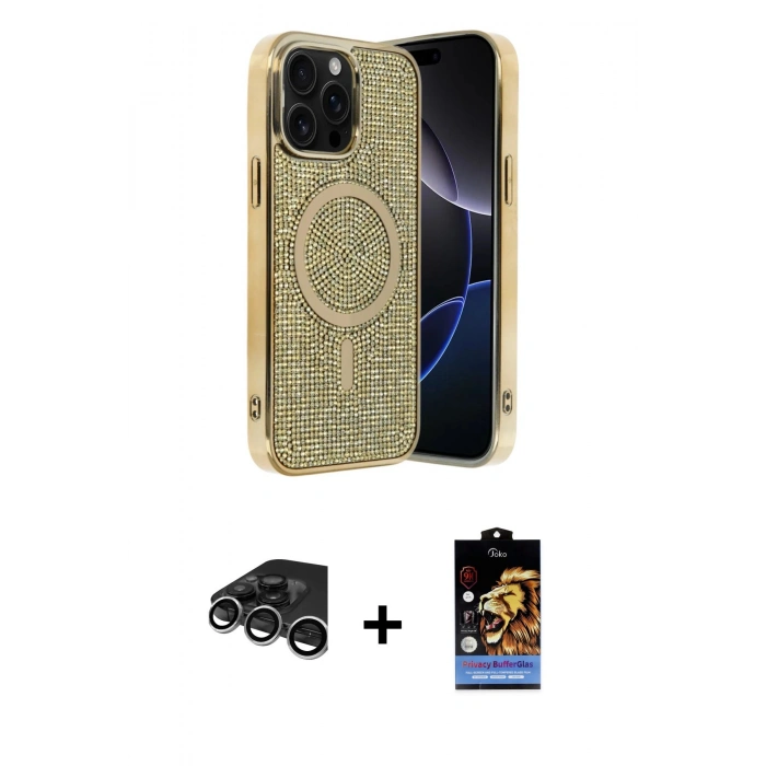 MARSİLYAN™- iPhone 15 Pro Max Kılıf Eksen Çizgi - Siyah Buffer Hayalet Cam Ekran Koruyucu + Gümüş Raze Metal Kamera Lens