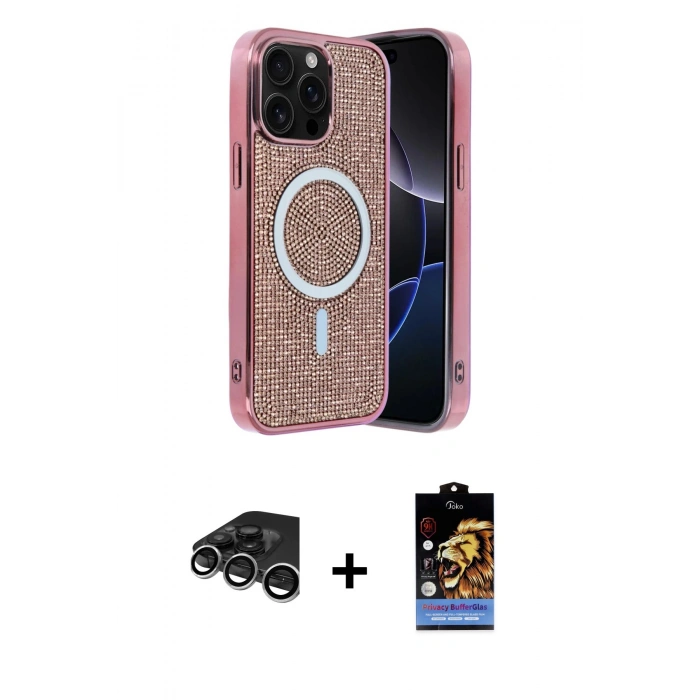 MARSİLYAN™- iPhone 15 Pro Max Kılıf Eksen Çizgi - Siyah Buffer Hayalet Cam Ekran Koruyucu + Gümüş Raze Metal Kamera Lens