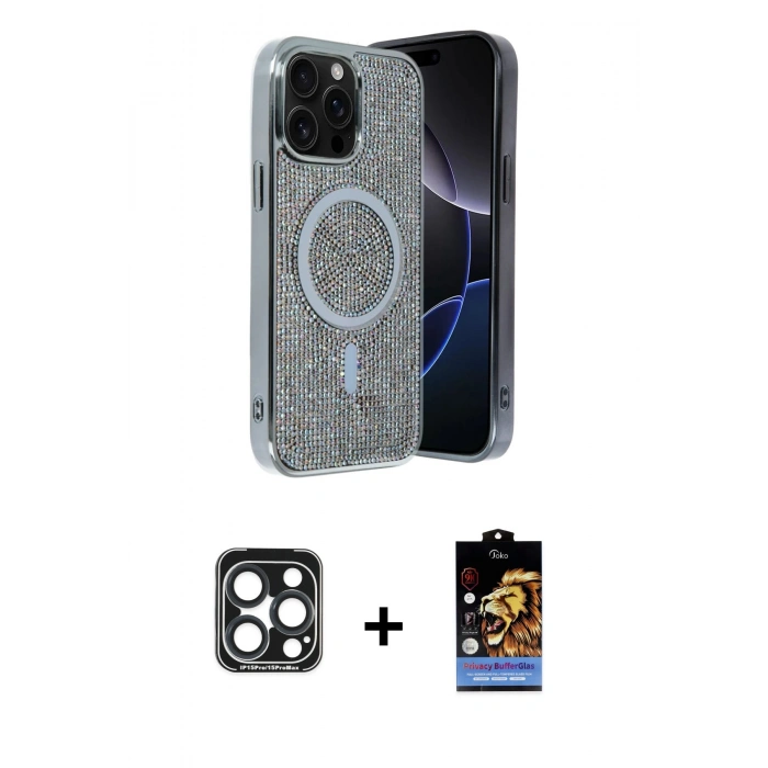 MARSİLYAN™- iPhone 15 Pro Max Kılıf Eksen Çizgi - Siyah Buffer Hayalet Cam Ekran Koruyucu + PVD Metal Kamera Lens - LT