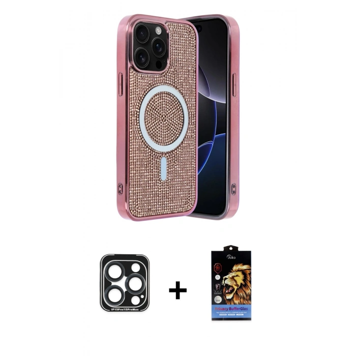 MARSİLYAN™- iPhone 15 Pro Max Kılıf Eksen Çizgi - Siyah Buffer Hayalet Cam Ekran Koruyucu + PVD Metal Kamera Lens - LT