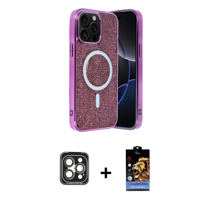 MARSİLYAN™- iPhone 15 Pro Max Kılıf Eksen Çizgi - Siyah Buffer Hayalet Cam Ekran Koruyucu + PVD Metal Kamera Lens - GI