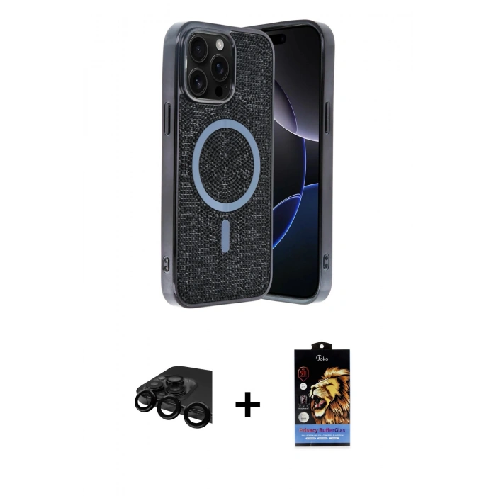 MARSİLYAN™- iPhone 15 Pro Max Kılıf Eksen Çizgi - Siyah Buffer Hayalet Cam Ekran Koruyucu + Raze Metal Kamera Lens - SH