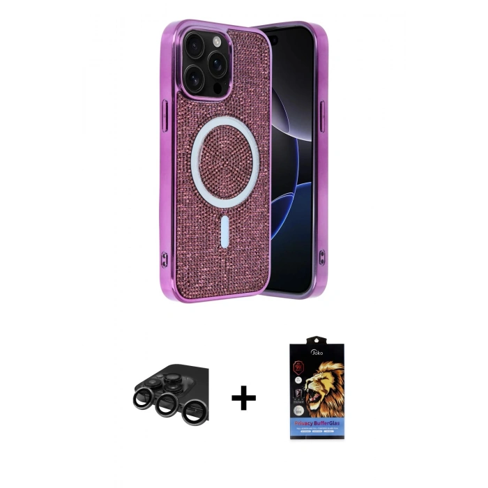 MARSİLYAN™- iPhone 15 Pro Max Kılıf Eksen Çizgi - Siyah Buffer Hayalet Cam Ekran Koruyucu + Raze Metal Kamera Lens - TMGI