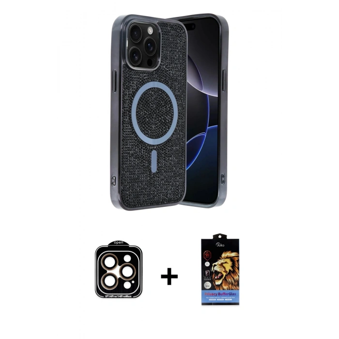MARSİLYAN™- iPhone 15 Pro Max Kılıf Eksen Çizgi - Siyah Buffer Hayalet Cam Ekran Koruyucu + PVD Metal Kamera Lens - TU