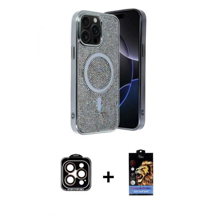 MARSİLYAN™- iPhone 15 Pro Max Kılıf Eksen Çizgi - Siyah Buffer Hayalet Cam Ekran Koruyucu + PVD Metal Kamera Lens - TU