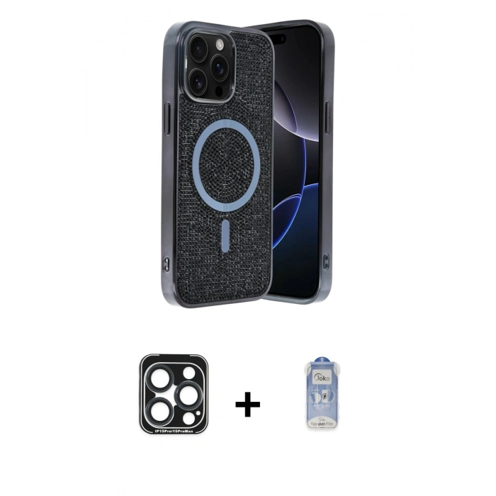 MARSİLYAN™- iPhone 15 Pro Max Kılıf Eksen Çizgi - Siyah Joko Magic 5D Cam + Lacivert PVD Metal Kamera Lens