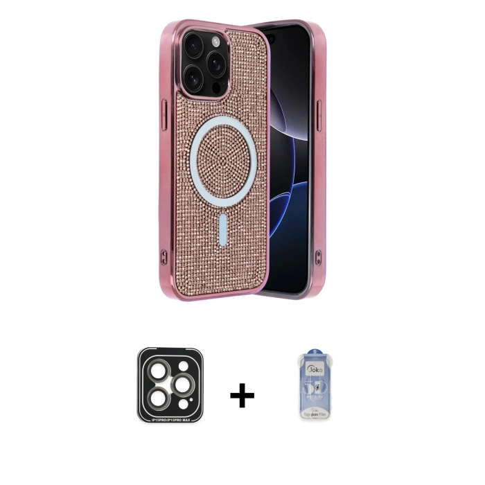 MARSİLYAN™- iPhone 15 Pro Max Kılıf Eksen Çizgi - Siyah Joko Magic 5D Cam + PVD Metal Kamera Lens - GI