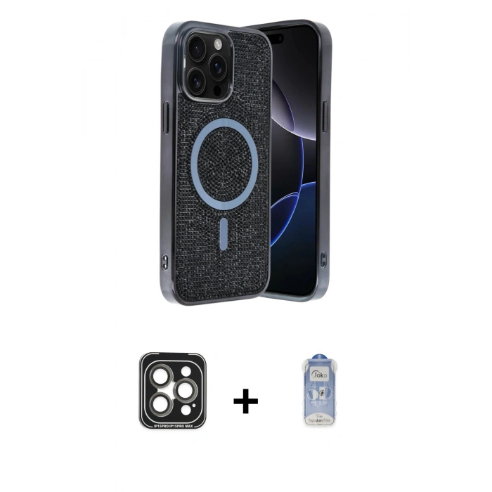 MARSİLYAN™- iPhone 15 Pro Max Kılıf Eksen Çizgi - Siyah Joko Magic 5D Cam + PVD Metal Kamera Lens - GI