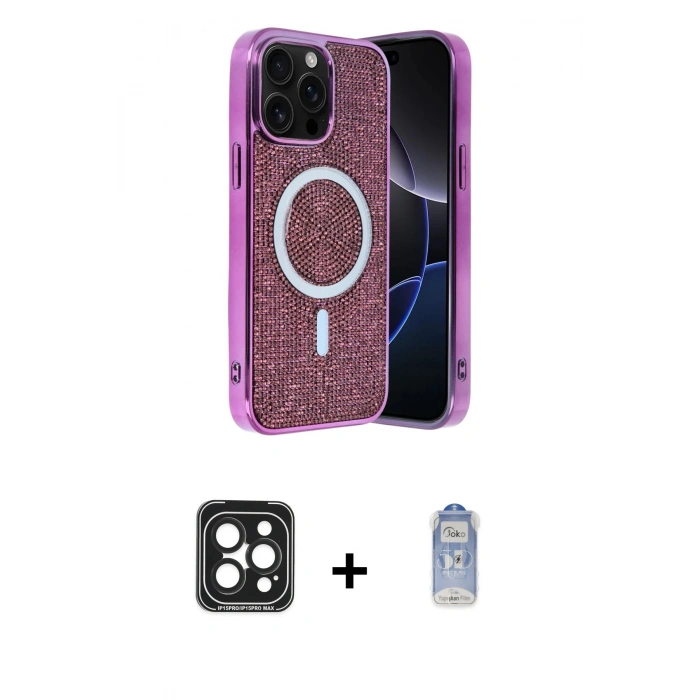 MARSİLYAN™- iPhone 15 Pro Max Kılıf Eksen Çizgi - Siyah Joko Magic 5D Cam + Siyah PVD Metal Kamera Lens