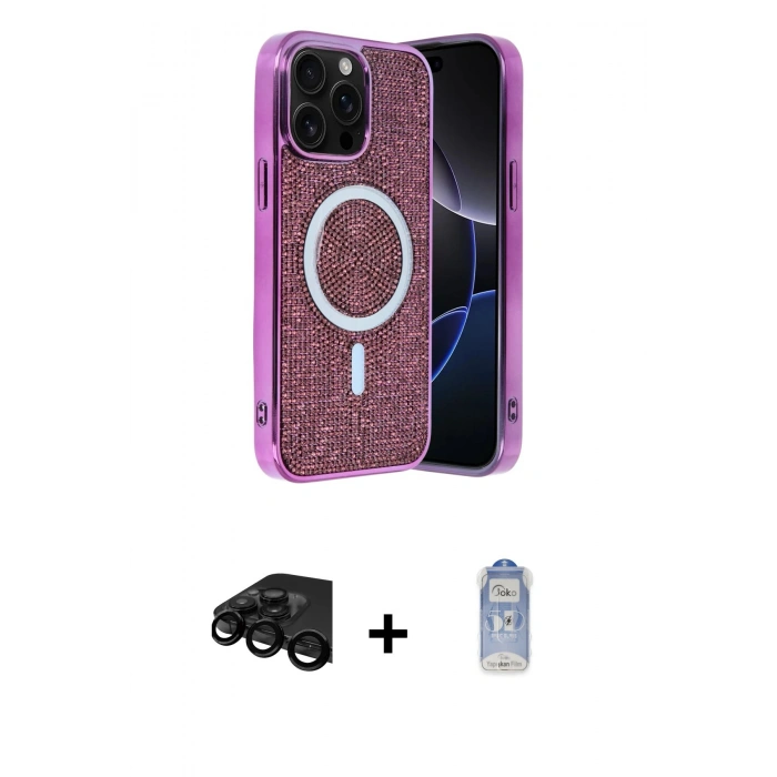 MARSİLYAN™- iPhone 15 Pro Max Kılıf Eksen Çizgi - Siyah Joko Magic 5D Cam + Raze Metal Kamera Lens - SH