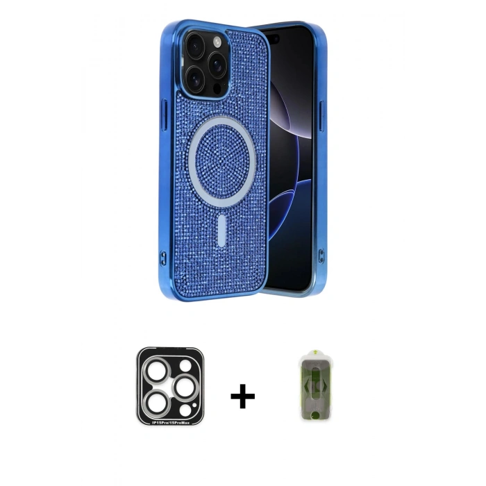 MARSİLYAN™- iPhone 15 Pro Max Kılıf Eksen Çizgi - Siyah Joko Magic 5D Hayalet Cam + Gümüş PVD Metal Kamera Lens