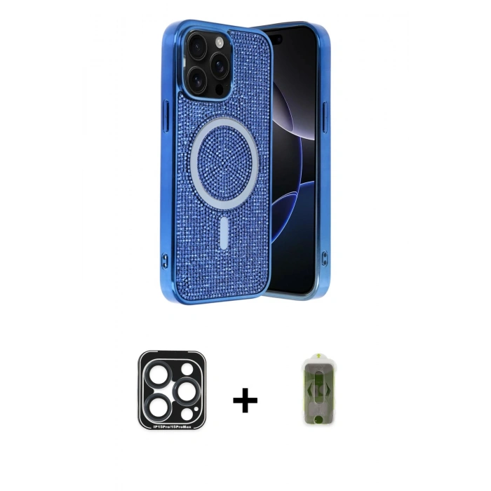 MARSİLYAN™- iPhone 15 Pro Max Kılıf Eksen Çizgi - Siyah Joko Magic 5D Hayalet Cam + PVD Metal Kamera Lens - LT