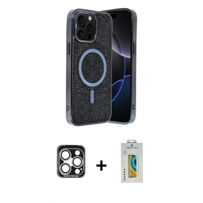 MARSİLYAN™- iPhone 15 Pro Max Kılıf Eksen Çizgi - Siyah Polymer Nano Ekran Koruyucu + PVD Metal Kamera Lens - GS