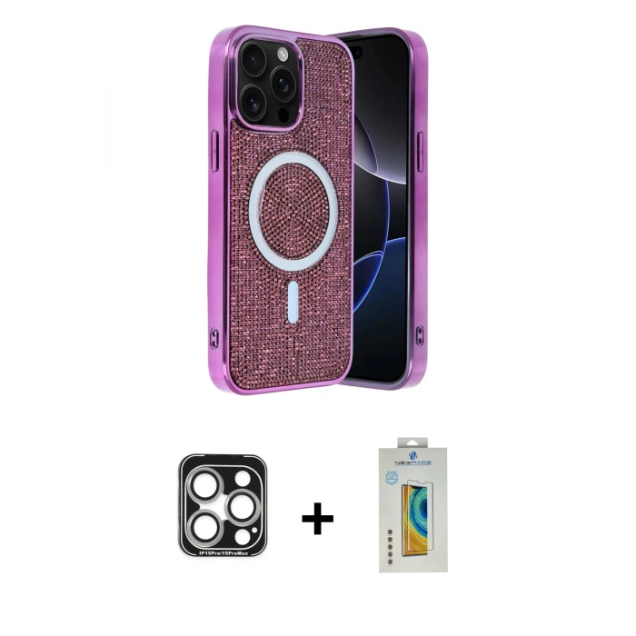 MARSİLYAN™- iPhone 15 Pro Max Kılıf Eksen Çizgi - Siyah Polymer Nano Ekran Koruyucu + PVD Metal Kamera Lens - GS