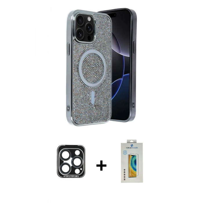MARSİLYAN™- iPhone 15 Pro Max Kılıf Eksen Çizgi - Siyah Polymer Nano Ekran Koruyucu + PVD Metal Kamera Lens - LT