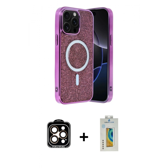 MARSİLYAN™- iPhone 15 Pro Max Kılıf Eksen Çizgi - Siyah Polymer Nano Ekran Koruyucu + PVD Metal Kamera Lens - TU