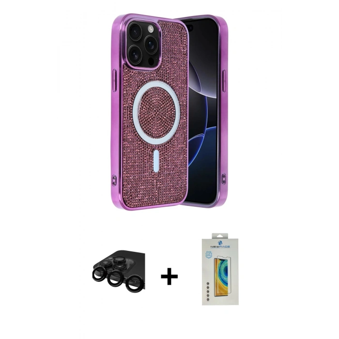 MARSİLYAN™- iPhone 15 Pro Max Kılıf Eksen Çizgi - Siyah Polymer Nano Ekran Koruyucu + Raze Metal Kamera Lens - SH