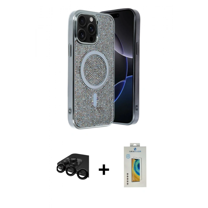 MARSİLYAN™- iPhone 15 Pro Max Kılıf Eksen Çizgi - Siyah Polymer Nano Ekran Koruyucu + Raze Metal Kamera Lens - SH