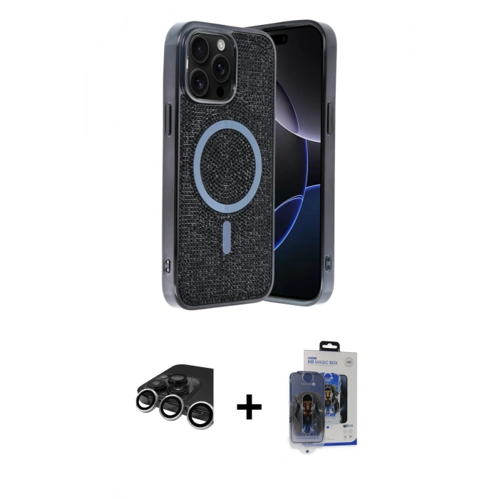 MARSİLYAN™- iPhone 15 Pro Max Kılıf Eksen Çizgi - Siyah Vanessa Magic Cam + Raze Metal Kamera Lens - GS
