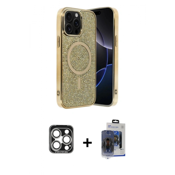 MARSİLYAN™- iPhone 15 Pro Max Kılıf Eksen Çizgi - Siyah Vanessa Magic Cam + PVD Metal Kamera Lens - GS