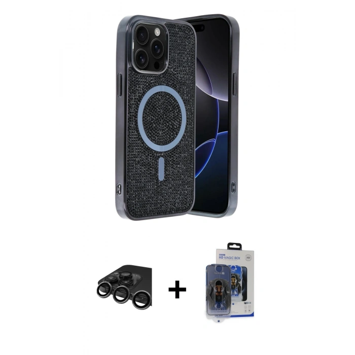 MARSİLYAN™- iPhone 15 Pro Max Kılıf Eksen Çizgi - Siyah Vanessa Magic Cam + Titanyum Gri Raze Metal Kamera Lens