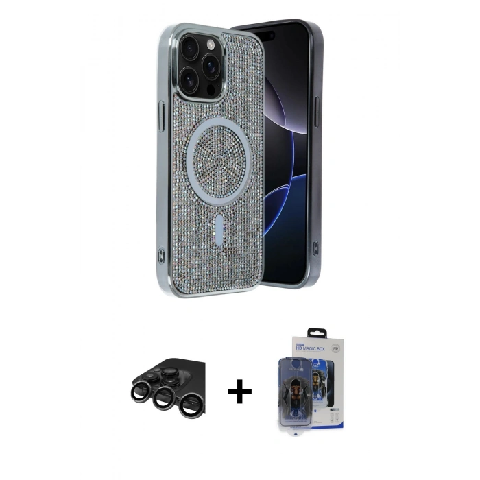 MARSİLYAN™- iPhone 15 Pro Max Kılıf Eksen Çizgi - Siyah Vanessa Magic Cam + Titanyum Gri Raze Metal Kamera Lens