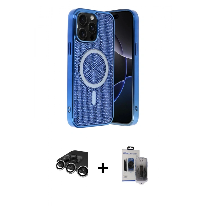 MARSİLYAN™- iPhone 15 Pro Max Kılıf Eksen Çizgi - Siyah Vanessa Magic Hayalet Cam + Raze Metal Kamera Lens - GS