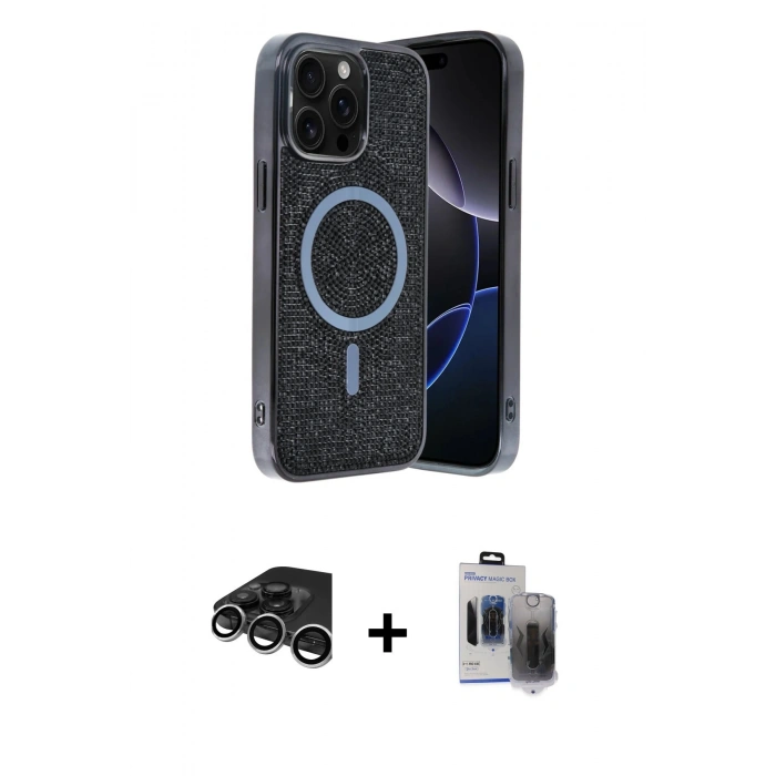 MARSİLYAN™- iPhone 15 Pro Max Kılıf Eksen Çizgi - Siyah Vanessa Magic Hayalet Cam + Raze Metal Kamera Lens - GS