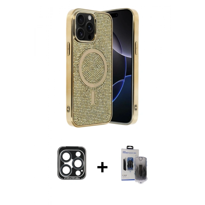 MARSİLYAN™- iPhone 15 Pro Max Kılıf Eksen Çizgi - Siyah Vanessa Magic Hayalet Cam + PVD Metal Kamera Lens - LT