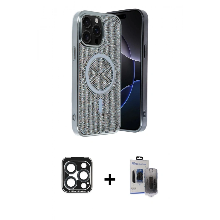 MARSİLYAN™- iPhone 15 Pro Max Kılıf Eksen Çizgi - Siyah Vanessa Magic Hayalet Cam + PVD Metal Kamera Lens - LT