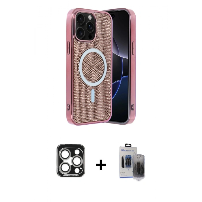MARSİLYAN™- iPhone 15 Pro Max Kılıf Eksen Çizgi - Siyah Vanessa Magic Hayalet Cam + PVD Metal Kamera Lens - GS