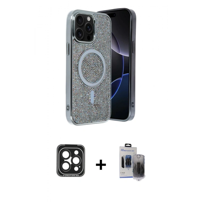 MARSİLYAN™- iPhone 15 Pro Max Kılıf Eksen Çizgi - Siyah Vanessa Magic Hayalet Cam + PVD Metal Kamera Lens - SH