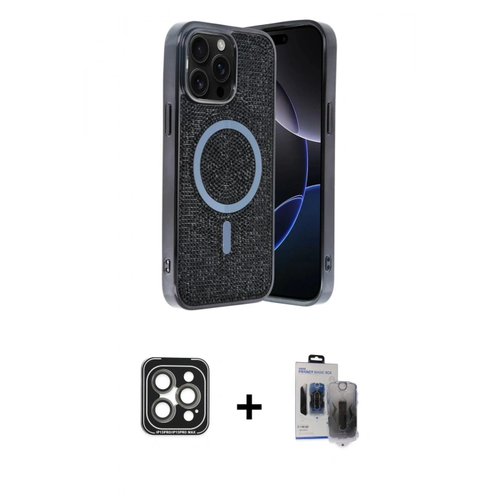 MARSİLYAN™- iPhone 15 Pro Max Kılıf Eksen Çizgi - Siyah Vanessa Magic Hayalet Cam + PVD Metal Kamera Lens - GI