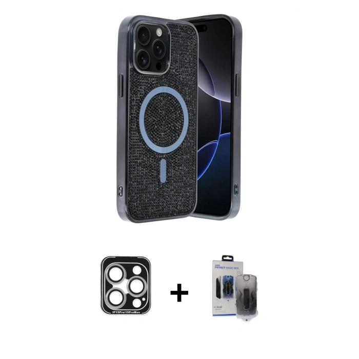 MARSİLYAN™- iPhone 15 Pro Max Kılıf Eksen Çizgi - Siyah Vanessa Magic Hayalet Cam + PVD Metal Kamera Lens - GS