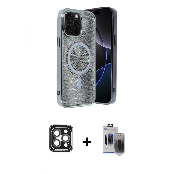 MARSİLYAN™- iPhone 15 Pro Max Kılıf Eksen Çizgi - Siyah Vanessa Magic Hayalet Cam + PVD Metal Kamera Lens - GI