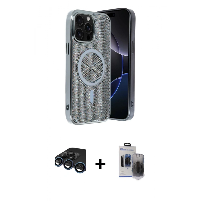 MARSİLYAN™- iPhone 15 Pro Max Kılıf Eksen Çizgi - Siyah Vanessa Magic Hayalet Cam + Raze Metal Kamera Lens - LT