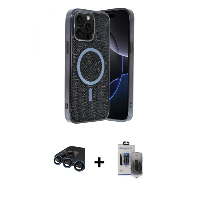 MARSİLYAN™- iPhone 15 Pro Max Kılıf Eksen Çizgi - Siyah Vanessa Magic Hayalet Cam + Raze Metal Kamera Lens - LT