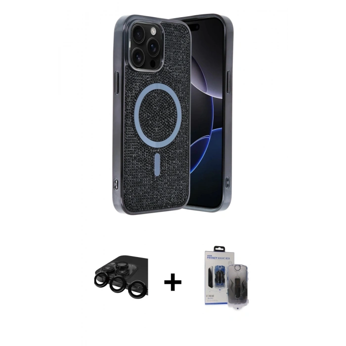 MARSİLYAN™- iPhone 15 Pro Max Kılıf Eksen Çizgi - Siyah Vanessa Magic Hayalet Cam + Siyah Raze Metal Kamera Lens