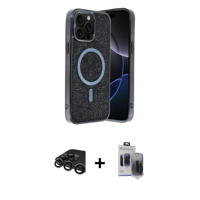 MARSİLYAN™- iPhone 15 Pro Max Kılıf Eksen Çizgi - Siyah Vanessa Magic Hayalet Cam + Raze Metal Kamera Lens - TMGI