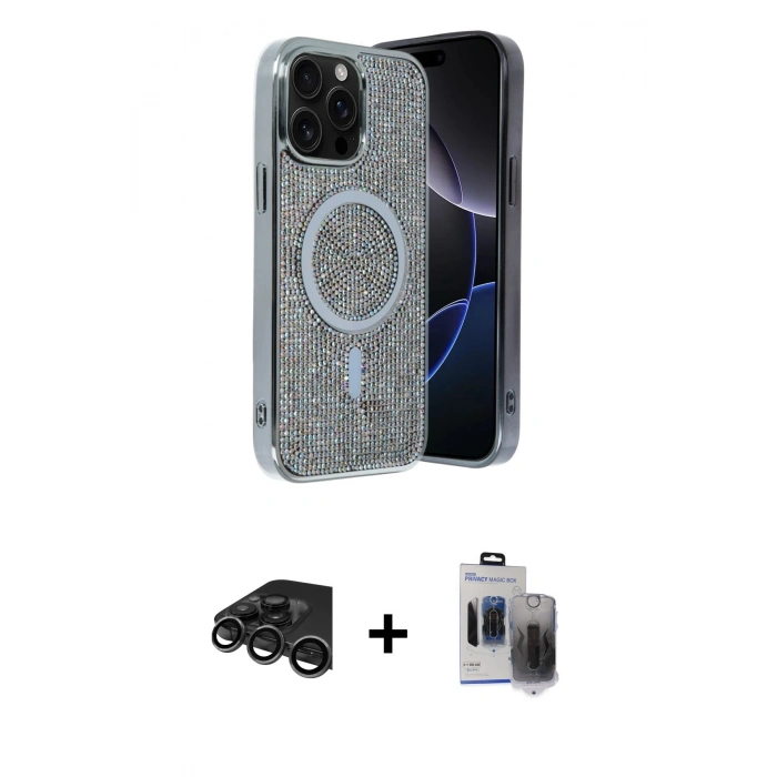 MARSİLYAN™- iPhone 15 Pro Max Kılıf Eksen Çizgi - Siyah Vanessa Magic Hayalet Cam + Raze Metal Kamera Lens - TMGI
