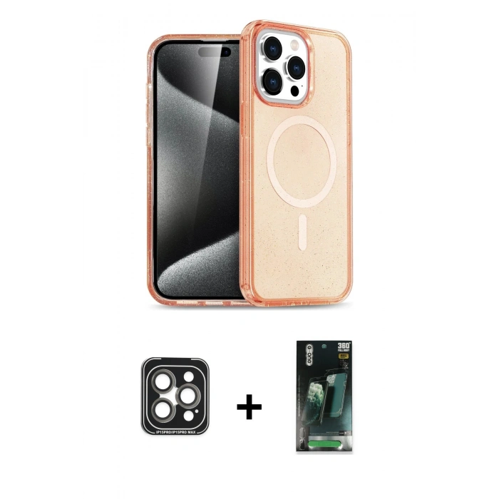 MARSİLYAN™- iPhone 15 Pro Max Kılıf Eksen Doku Koleksiyonu - Siyah 360 Mat Full Body Arka Koruyucu + PVD Metal Kamera Lens - GI